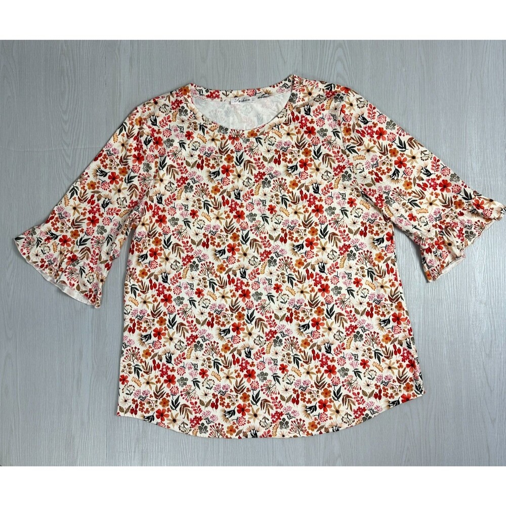 FASHION Women's Size XL Multi Color Flare Sleeve Round Neck Floral Summer Blouse